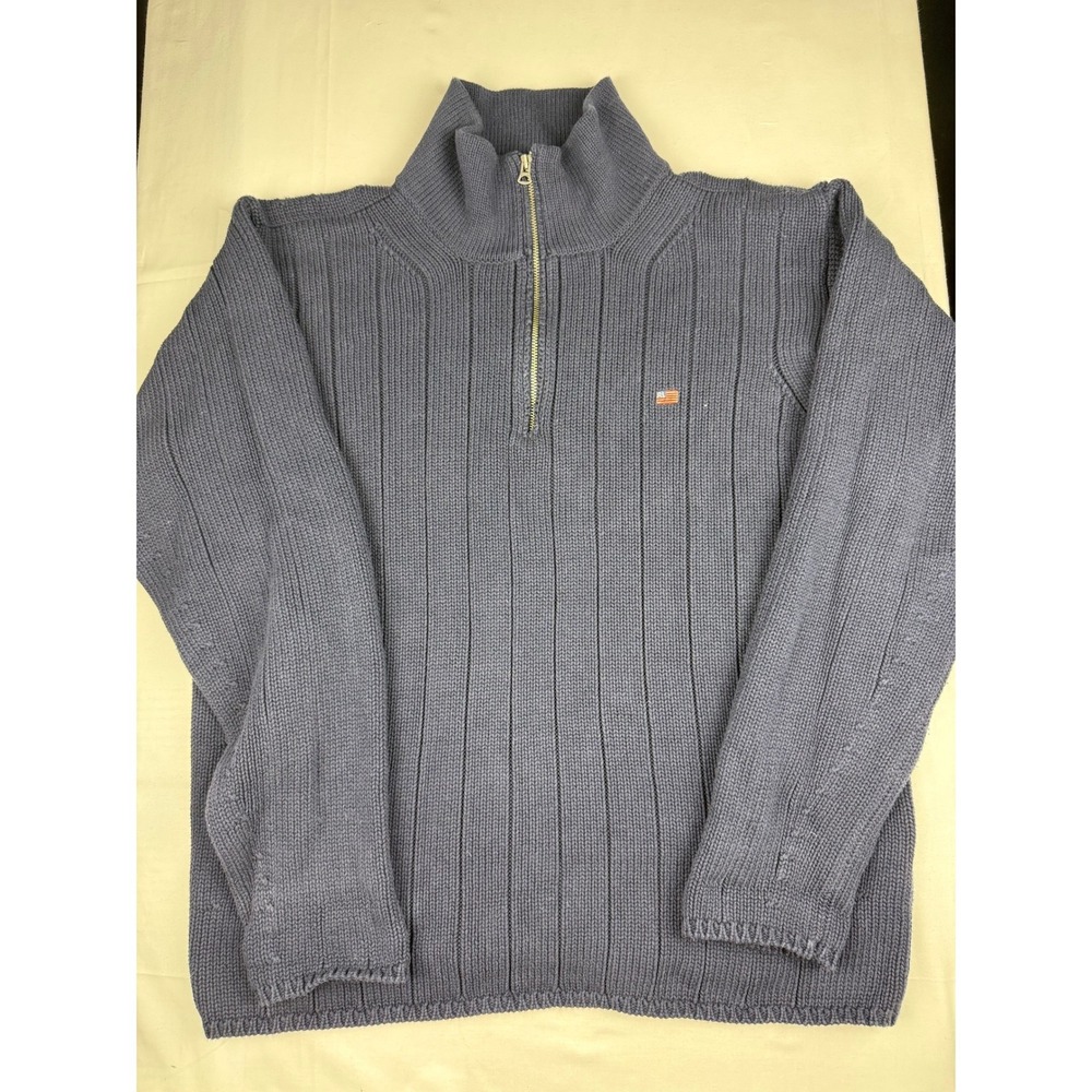 VTG Polo Jeans Co Ralph Lauren Sweater XL Blue Quarter Zip Cotton Flag Logo